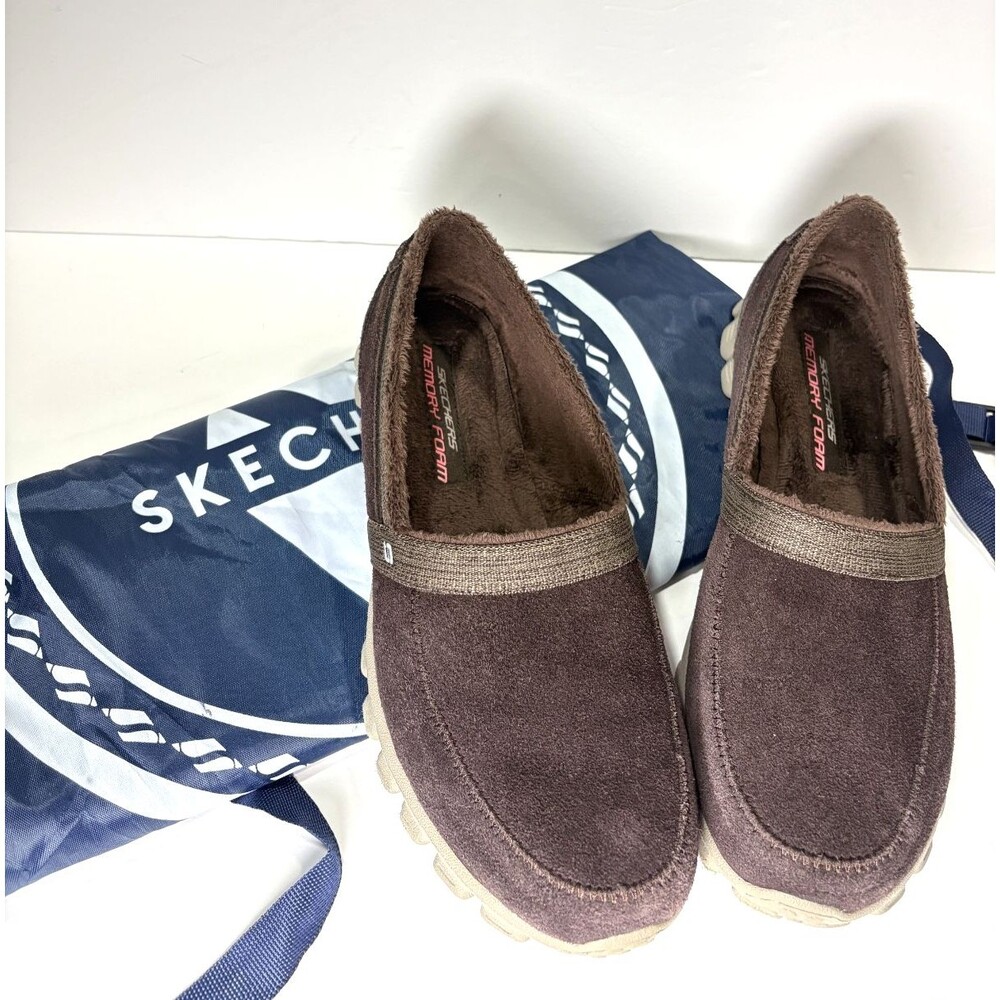 Skechers EZ Flex Women's Slip-On Brown Suede Sneakers Faux-Fur Lining Sz 10
